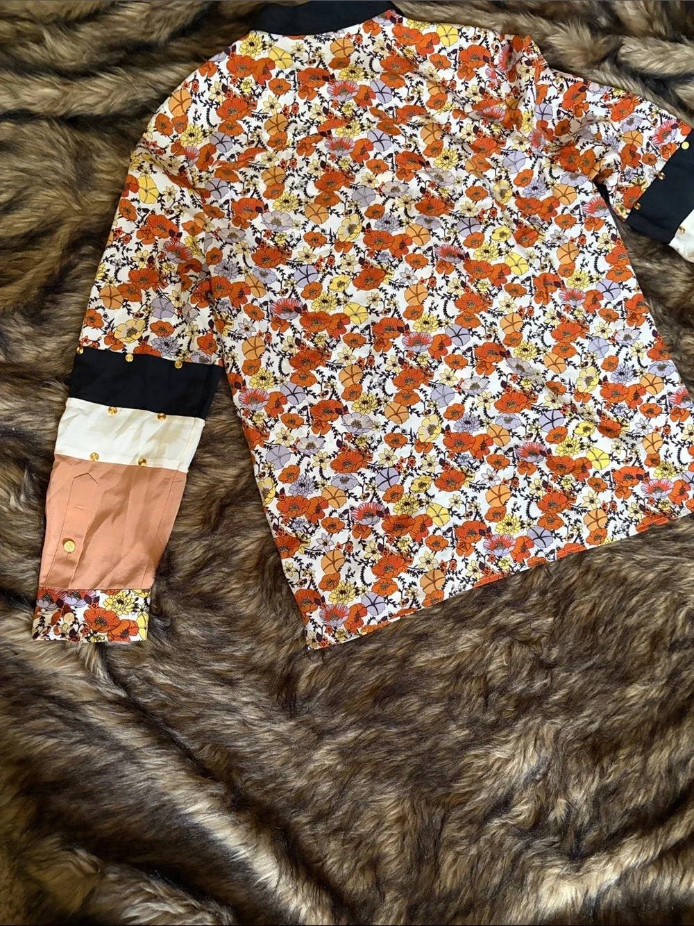Tory Burch Silk Shirt Ditsy Blossom Patchwork Stud Print Floral Orange Size 10